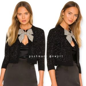 ALICE + OLIVIA 🐈‍⬛ Akira Beaded Bow Black Silver Kitty Cardigan Sweater S Small